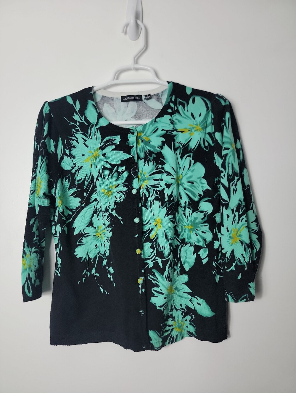 Notations Women's Black Blue Green Floral Button Cardigan Sweater, M
